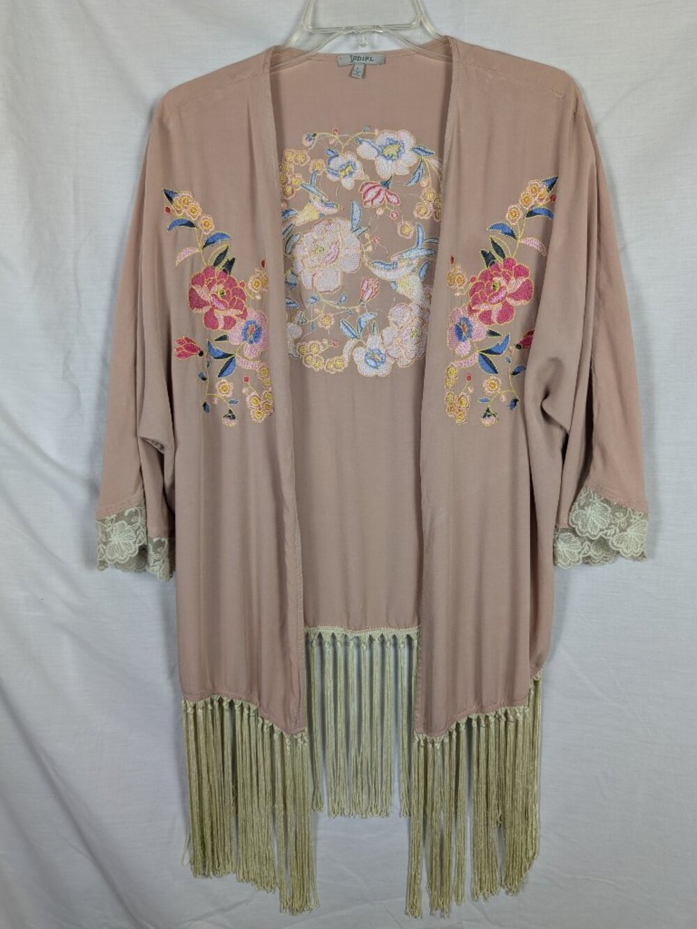 Jodifl‎ Kimono Style Cardigan L Floral Embroidery Long Fringe Lace Trim Boho